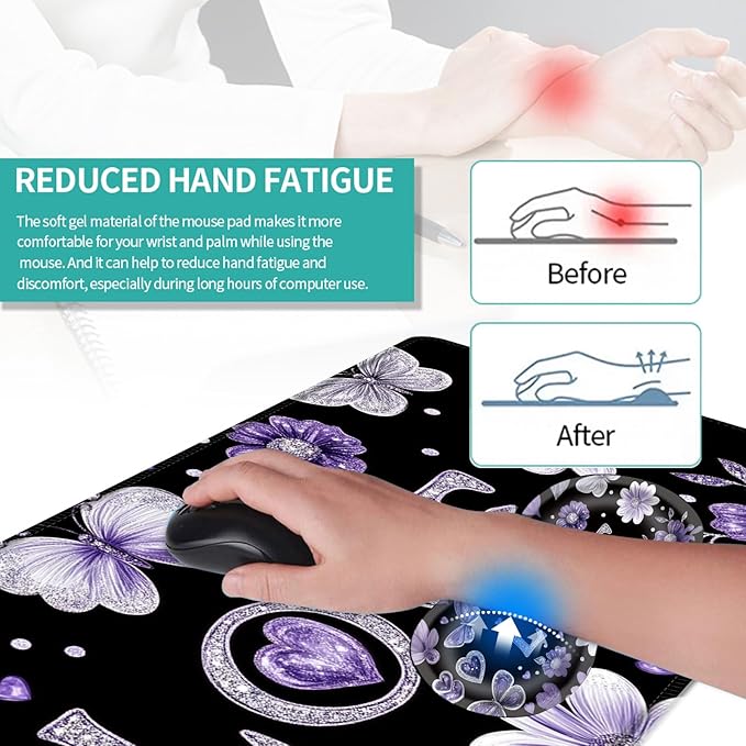 Keyboard Mouse Pad Set Extended Gaming Mouse Pad+Ergonomics Keyboard Wrist Rest Support Memory Foam Easy Typing Pain Relief 4Pcs XL Ultra Thick Desk MatGlitter Love Butterflies Flowers
