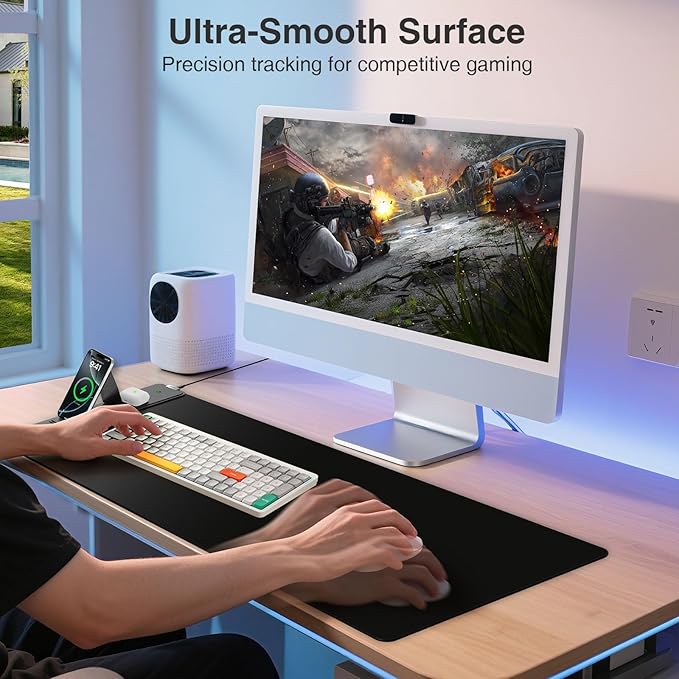 Wireless Charging Mouse Pad with Foldable Phone Holder 31.5x15.8 Large Desk Mat for Laptop/Keyboard Waterproof Ultra-Smooth Surface Non-Slip Base Black