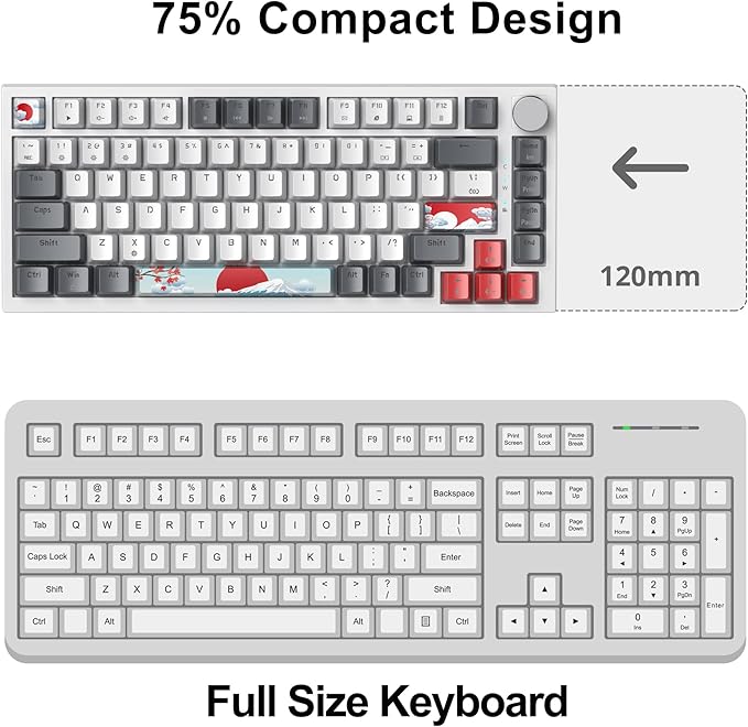 Fogruaden Wired 75% Percent Mechanical Keyboard Hot Swappable Red Switch TKL Mechanical Keyboard Gasket Mount RGB Backlit Compact Gaming Keyboard with Volume Knob(GreyWhite)