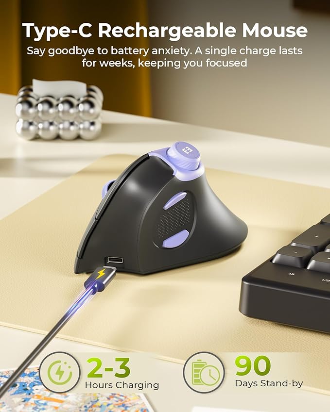 seenda Ergonomic Mouse Wireless MOU-302 Bluetooth Vertical Mouse Rechargeable Optical Mice with 1000/1600/2400 DPI Volume Knob 3 Multi-Device Connectivity for Computer/PC/Laptop/Mac Black Purple