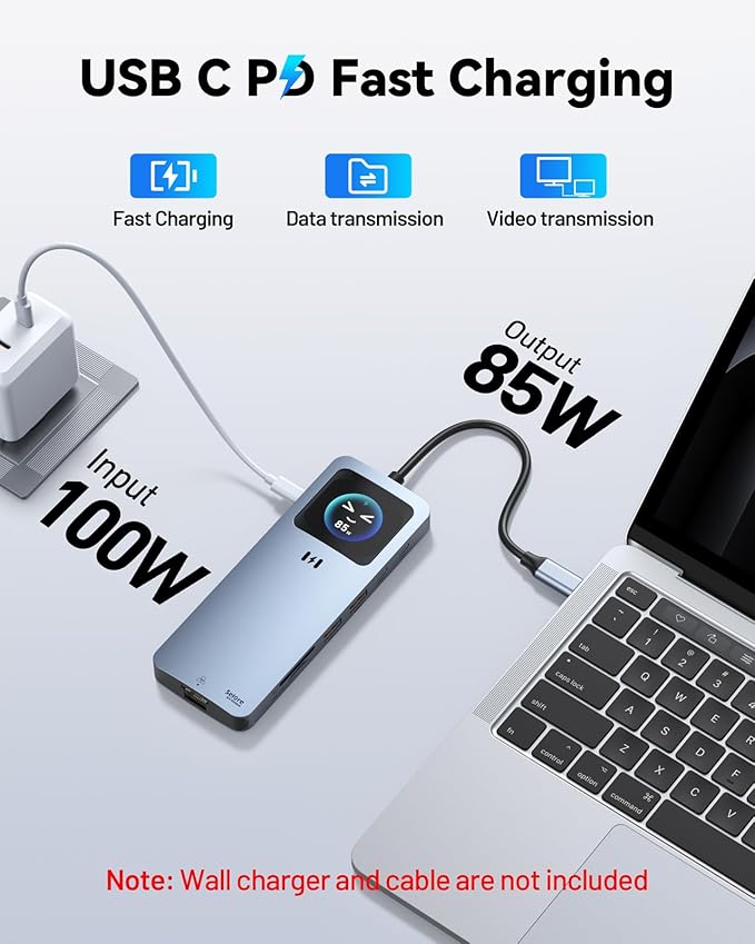 Laptop Docking Station Dual Monitor 12-in-1 USB-C Docking Station with Smart LCD Display 2 HDMI Ports+100W PD+10Gbps USB-C/A+2.5G Ethernet+SD/microSD Docking Station for Dell/HP/Lenovo Laptop