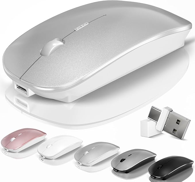 Wireless Bluetooth Mouse for Mac Air MacBook Pro Laptop PC Pad Optical Rechargeable Silent Mouse with Jiggler Mode Dual Mode Switch Bluetooth 5.2/3.0 and 2.4G USB-A &amp USB-C Receiver Silvery