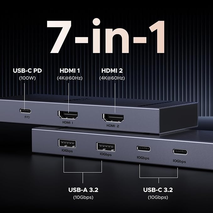 UGREEN 7 in 1 Docking Station Dual Monitor USB C Hub Dual 4K@60Hz HDMI Display 10Gbps USB-A/C Data Ports 100W PD Aluminum Revodok Pro Laptop Docking Station for HP Thinkpad Dell and More