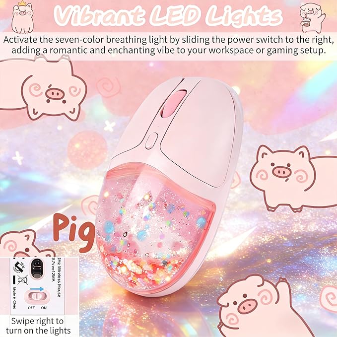 elec Space Wireless Bluetooth Mouse -Cute Clear Aqua Design Glitter Liquid Sand Water Mouse with Optical Precision Silent Clicks LED Breathing LightTransparent Retro Style for Home Office (Pink)