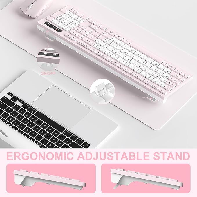 Wireless Keyboard and Mouse Combo Full-Sized Quiet Wireless Keyboard and Adjustable DPI Mouse 2.4GHz USB Receiver Keyboard and Mouse for PC Windows Desktop Laptop (Pink and White-B)