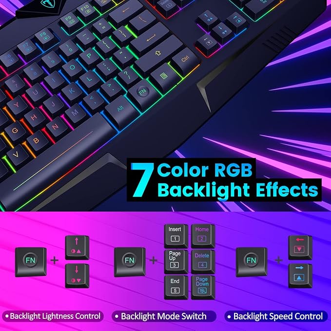 Gaming Keyboard Full Size RGB Backlit Quiet Computer Keyboard Wrist Rest Silent Keys Multimedia Keys Anti-ghosting Waterproof Light Up USB Wired Keyboard for PC Mac Xbox Gamer Office
