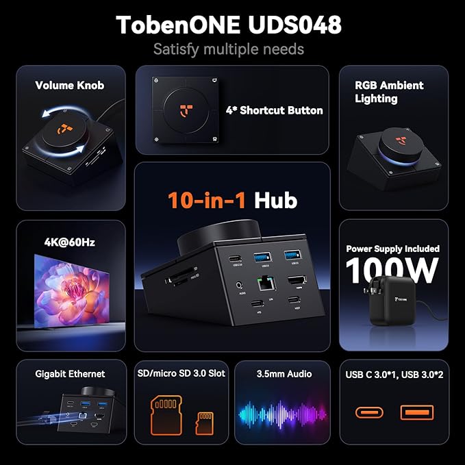 TobenONE 10-in-1 Shortcut-Key Docking Station with 4 Shortcut Button and Volume Knob USB C Dock with 4K@60Hz HDMI 100W PD 3 USB Ethernet Audio SD/microSD for MacBook Windows Chrome Mac mini
