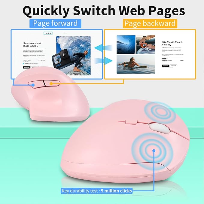 Wireless Silent Ergonomic Vertical Mouse - Dual Mode 2.4G/Bluetooth Rechargeable Type C Pain Relief for Office and Home Use Compatible with Laptop &amp PC (Pink)
