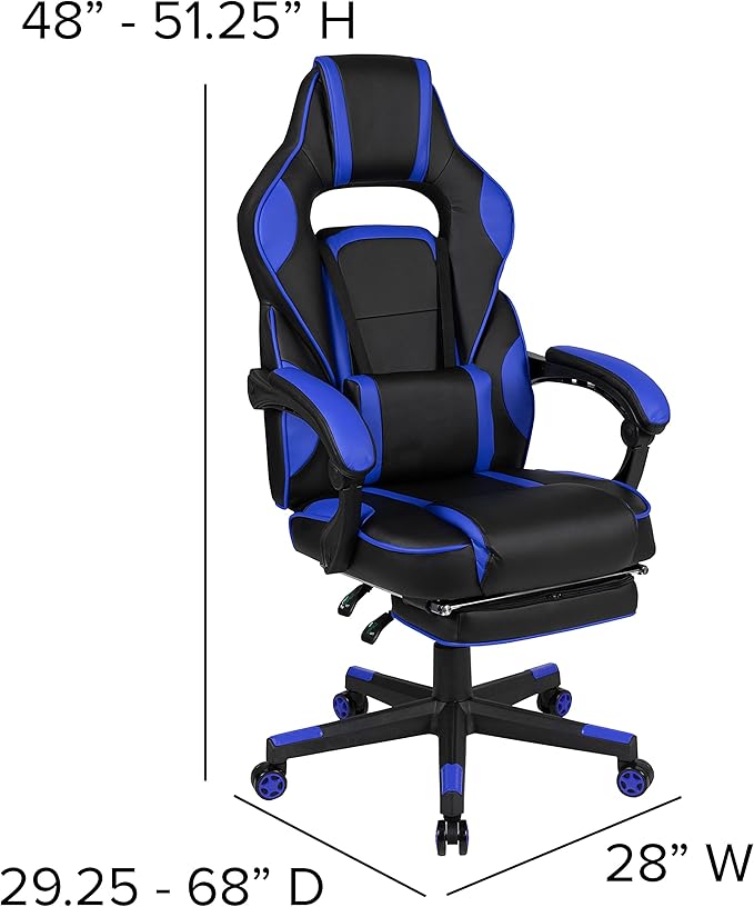 EMMA + OLIVER Black/Blue Ergonomic Gaming Chair -Recline Back/Arms Footrest Massaging Lumbar