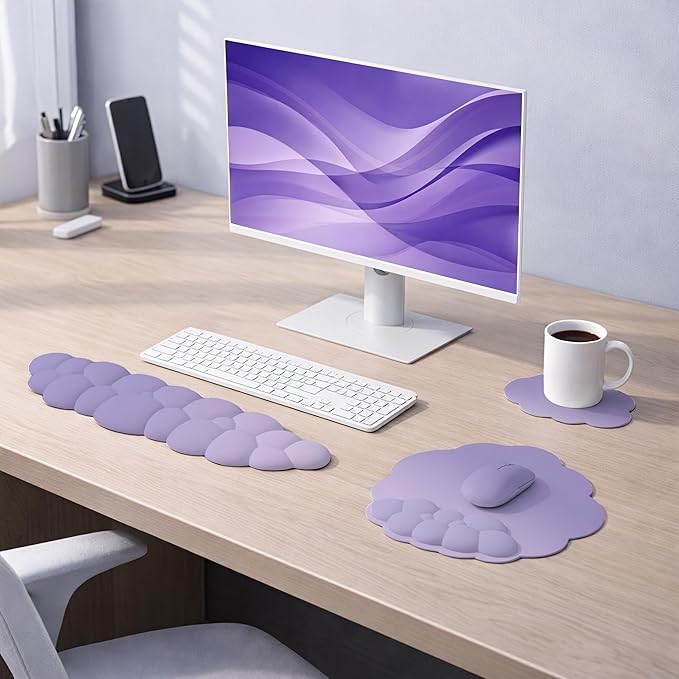 Ergonomic Mouse Pad with Wrist Rest Set Soft Purple Ombre Keyboard Mouse Wrist Support Memory Foam Mousepad for Home Office Work Computer Laptop Non-Slip Base