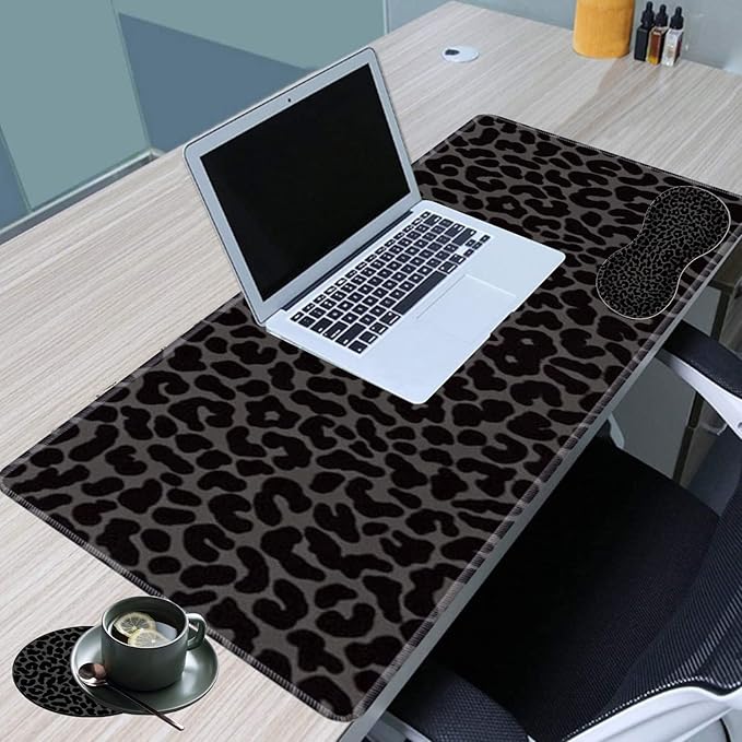 Large Game Mouse Pad + Wrist Support Pad + Coffee Coaster Black Leopard Print Foldable Table Mat with Stitched Edge Non-Slip Set Pad Suitable for Office Work and Home