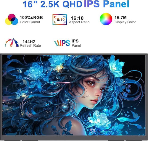 16 2.5K 144Hz Portable Gaming Monitor 16:10 HDR Eye Careful100% sRGB QHD2560x1600 Ultra-clear IPS Portable Monitor for Laptop with Built-in SpeakersExternal Second Screen for PC Phone Game Console