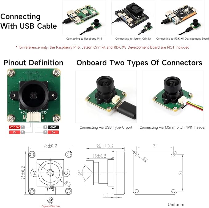 OS05A10 5MP USB Camera (A) Supports USB2.0 Type-C Port and SH1.0 4PIN Header @XYGStudy