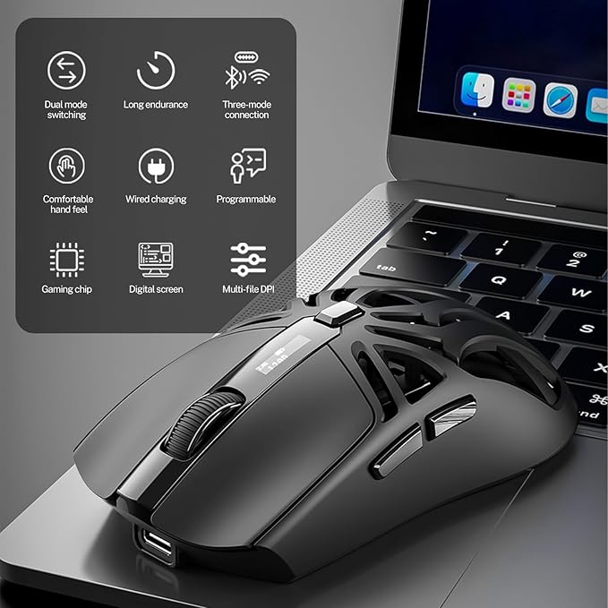 Wireless Gaming Mouse 10000 DPI Tri-Mode 2.4GHz/Bluetooth/Wired Mouse 6 Buttons Digital Display Silent Mice Rechargeable Customizable Macro and RGB Backlight for PC/Mac/Laptop (Black)