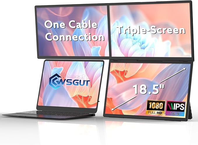 18.5'' Portable Triple Monitor One Cable Laptop Screen Extender FHD 1080P Quad Monitor Built-in Stand Compatible with Windows Mac Fits 10-17.3 Laptops(Driver Need)