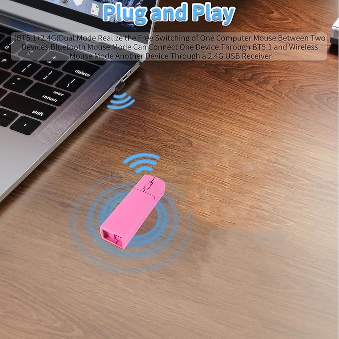 elec Space Wireless Mini Finger Mouse - Silent Dual-Mode Bluetooth &amp 2.4GHz Ergonomic Portable PC Mouse with Case Compatible with MacBook and Chromebook (Pink)