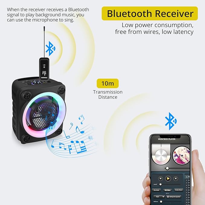 PROZOR UHF Wireless Microphone with Volume Treble Bass Echo Control Wireless Rechargeable Mic Dual Handheld Dynamic Mic System with Rechargeable Receiver for Karaoke Machines DJ Church Weddings