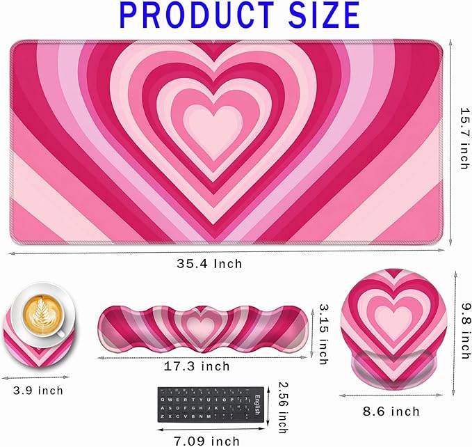 Mouse PadLarge Pink Desk Mat 4in1 XXL Mousepad + Keyboard Wrist Rest+Mouse Wrist Rest+Coaster Set with Ergonomic Desk Pad for Home Office Table Computer-Heart Pink
