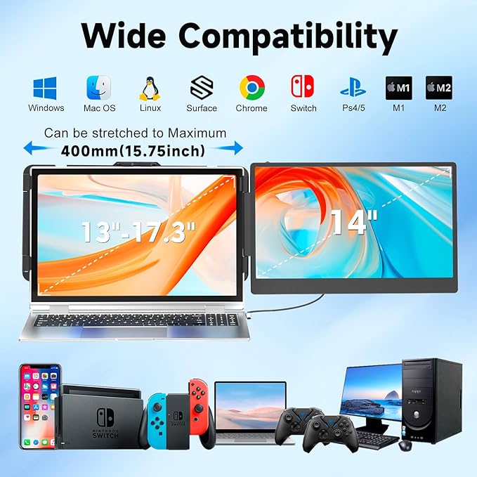 KEFEYA Laptop Screen Extender 14 Portable Monitor for Laptops 13-17 1080P FHD IPS Monitor Extender for Laptop with USB-C/HDMI Port Plug n Play for Windows/Chrome/Mac/Switch/PS5