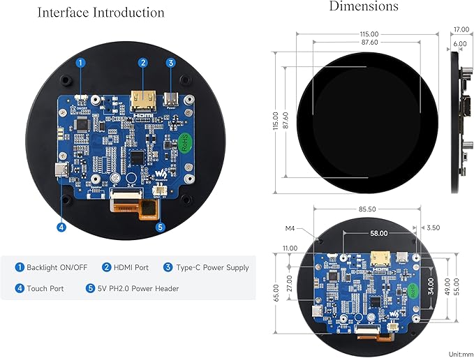 3.4inch HDMI Round TouchScreen for Raspberry Pi 5/4B/3B+/3A+/2B/B+/A+/Zero/Zero W/WH/Zero 2W 800×800 Resolution 10-Point Capacitive Touch IPS DisplayCompatible with Jetson Nano/Mini PCDriver Free
