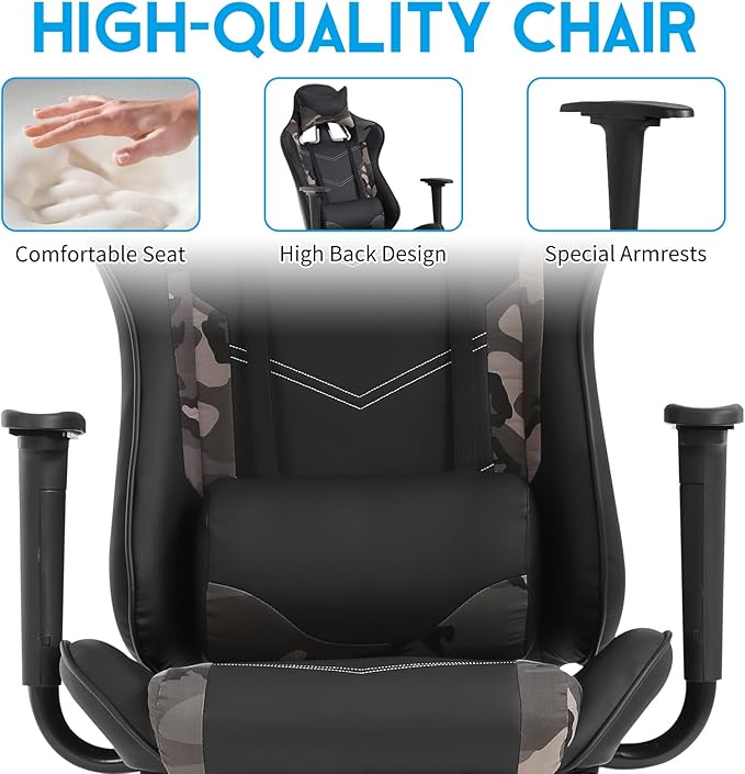 Gaming Chair with Footrest Reclining Video Game Chairs for Adults with Lumbar Support Headrest High-Back Home Office Computer Desk Chair PU Black-Camo