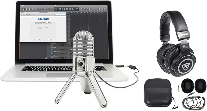 Audiosavings Bundle: Samson Meteor Mic USB Condenser Podcasting Podcast Recording Desktop Microphone Bundle with Rockville PRO-M50 Studio Headphones Coil Cable Case+Extra Ear Pad (2 Items)