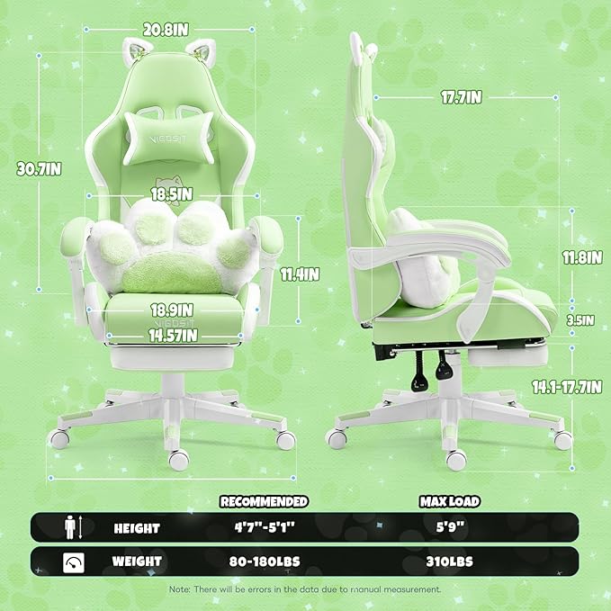 Cute Gaming Chair for Girl Ergonomic Cat Computer Chair with Armrests High Back Video Game Chairs with Footrest and Massage Lumbar Support for Teen &amp Woman Adjustable Height (Green)