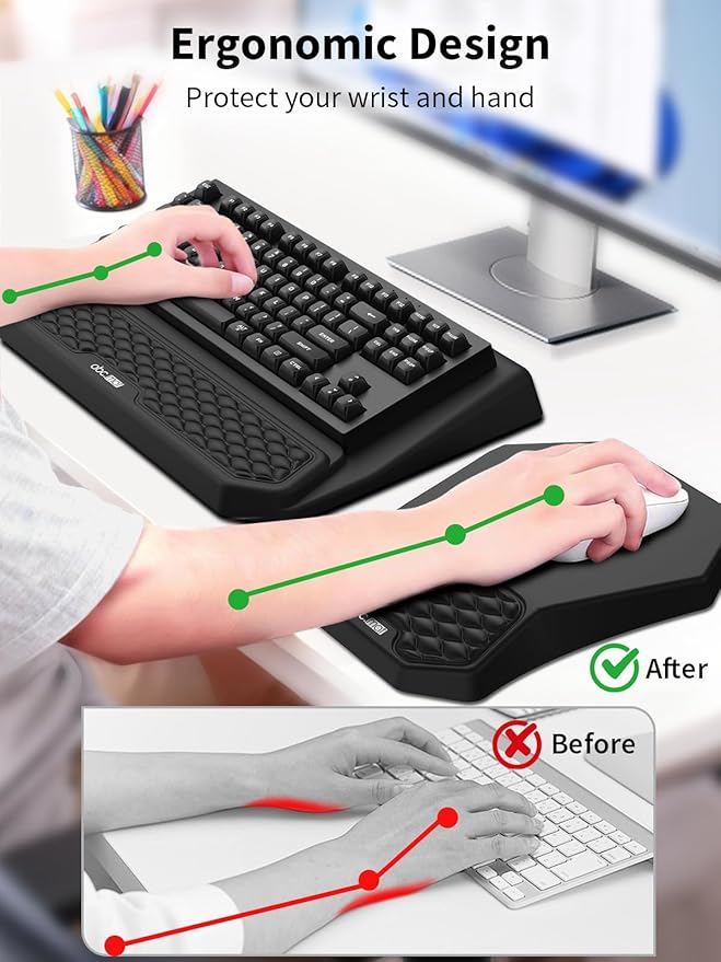 3-in-1 Ergonomic Keyboard Stand with Wrist Rest &amp Mouse Pad Set Comfy Keyboard Riser Holder Soft Mousepad with Massage Design Memory Foam and Non-Slip PU Base for Pain Relief Black