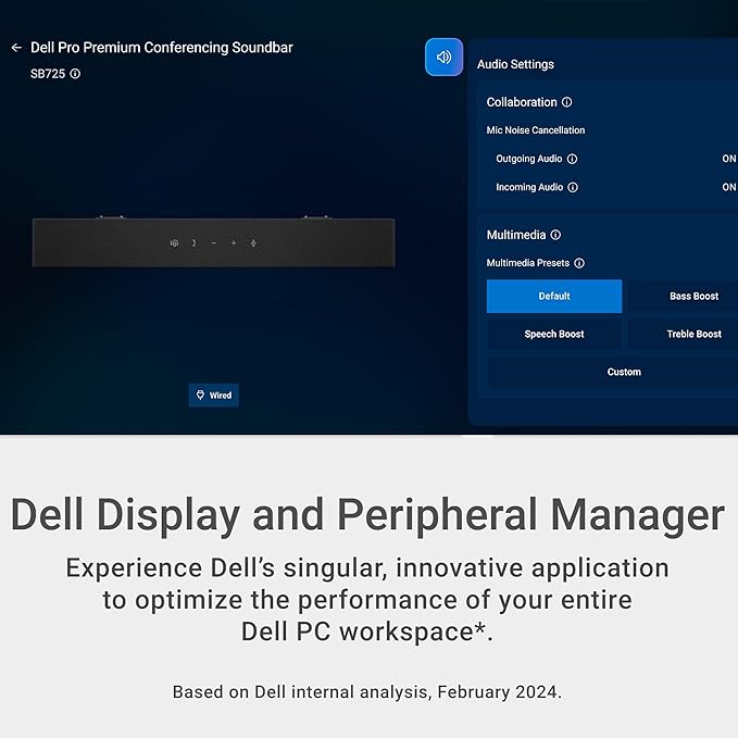 Dell Pro Premium Conferencing Soundbar - SB725 - Controls End/Call/Volume Down/Volume Up/MS Teams LED Status Indicator Wired AI-Based Noise Cancellation Superior Audio Experience