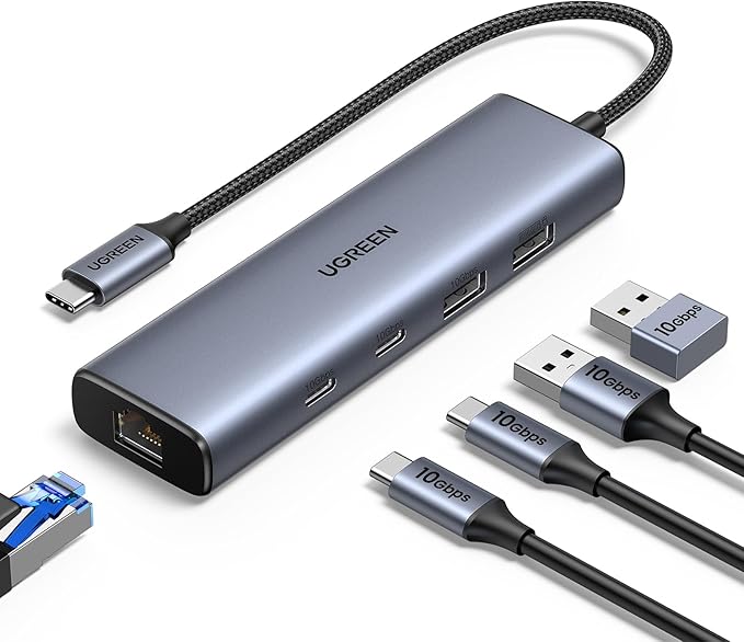 UGREEN USB to Ethernet Adapter 5 in 1 USB Hub with Ethernet with 2* USB-C 3.2 (10Gbps) + 1*USB-A 3.2/1*USB-A 2.0/Gigabit RJ45 Network LAN Internet Dongle Compatible for Laptop MacBook Pro/Air XPS