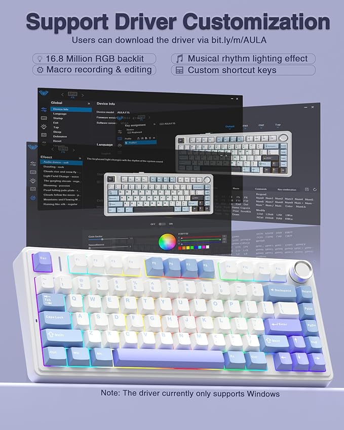 AULA F75 75% Wireless Mechanical Keyboard Hot Swappable Creamy Keyboard Pre-lubed Star Vector Switches RGB Backlit Gaming Keyboards 2.4GHz/Type-C/BT5.0(White&ampBlue&ampPurple)