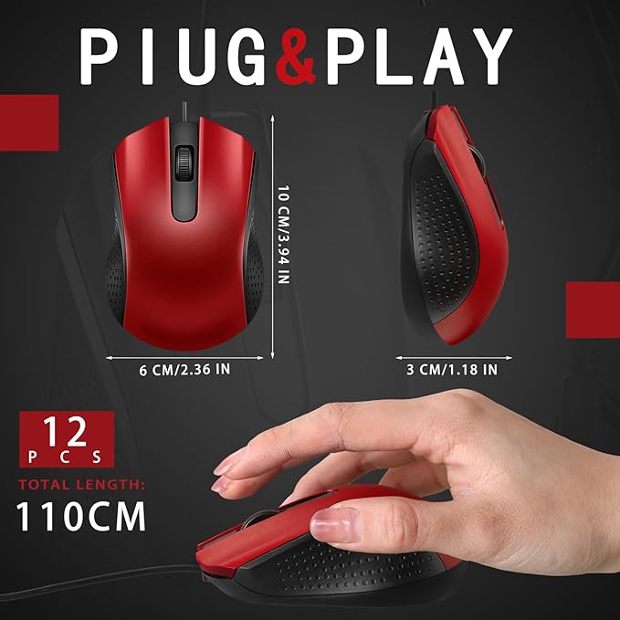 Hoteam 12 Pcs Black Wired Computer Mouse Bulk Cord USB Computer Mice Ergonomic Wired Mouse for Pcs Computers Laptops Gaming Office Home Supplies