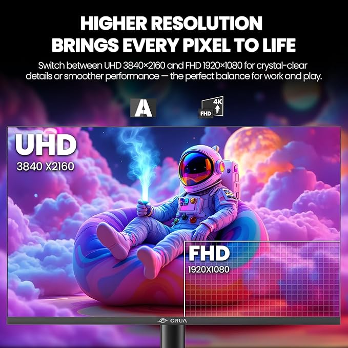 CRUA 32'' 4K Gaming Monitor 160Hz UHD 3840x2160 IPS Screen Height/Pivot/Swivel/Tilt Adjustable Vertical Monitor Support FreeSync Built-in Speakers 120% sRGB PIP/PBP HDMI 2.0 &amp DP 1.4-Black