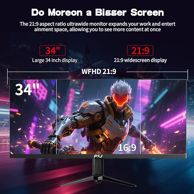 PIJ Gaming Monitor 34 inch IPS 165Hz Ultrawide PC Screen 3440×1440P Ultra-Thin Zero Frame Computer Display for Home Office Business DP HDMI Wall-Mounted Black