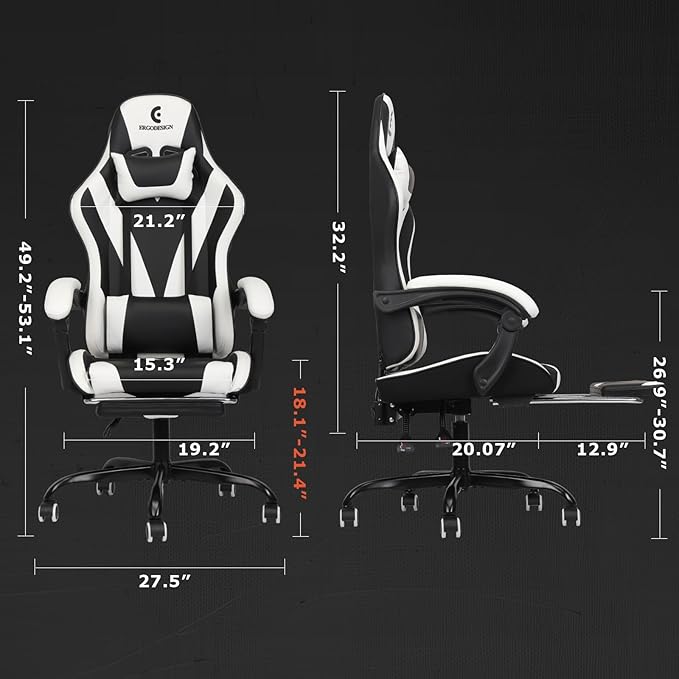 Gaming Chair with Linkage Armrest &amp Footrest High Back Video Gaming Chair Black/White
