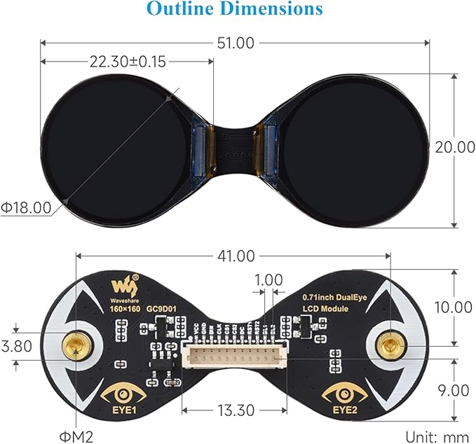 0.71inch Double Eye Round LCD Display Module Compatible with Raspberry Pi Pico/Pico W ESP32 / Arduino 160x160 Resolution IPS Panel 65K Colors SPI Interface