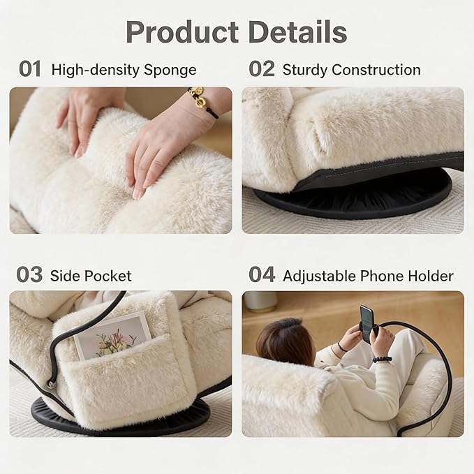 Gaming Chair Floor Sofa Gaming Lounge Chair with 14-Section Head &amp 3-Section Waist Adjustment 360° Swivel &amp Spring Seat for Gaming Napping Reading Dorm Small Apartment (Beige)