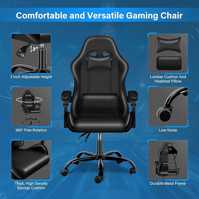 CYJZH Racing Video Backrest and Seat Height Recliner Gaming Office High Back Computer Ergonomic Adjustable Swivel Chair Without footrest Black blp123