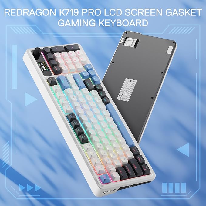 Redragon K719 Wireless Gasket Gaming Keyboard w/Hype Screen &amp Knob 95 Keys Mechanical Keyboard Easy-Control 1.14’’ TFT Info Display 5-Layer Noise Dampener Round PBT Keycaps Mint Mambo Switch