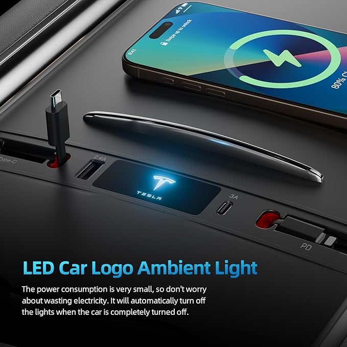 Tesla USB Hub for 2021 2022 2023 Tesla Model 3 Model Y Multi-Port Retractable Hub Docking Station with Fast Charging Cable Tesla Accessories Docking Station of Center Console for Model Y/3