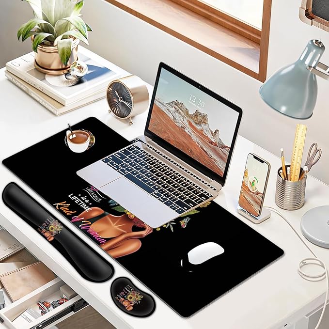 JVGFYNKL Large Gaming Mouse Pad Set Ergonomic Memory Foam Keyboard Wrist Rest Support + Mouse Wrist Rest + Extended Desk Mat with Non-Slip Rubber Base Inspiring Sunflower Girl Pattern Black Desk Pad