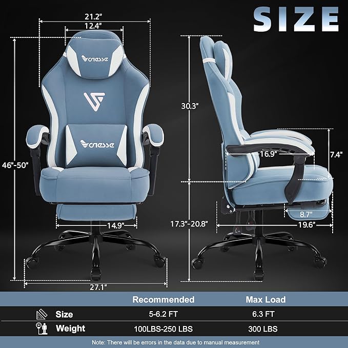 Vonesse Gaming Chair Computer Chair Fabric with Pocket Spring Cushion Office Chair with Footrest and Massage Lumbar Support Reclining Gaming Chairs for Adults 250LBS (Blue)