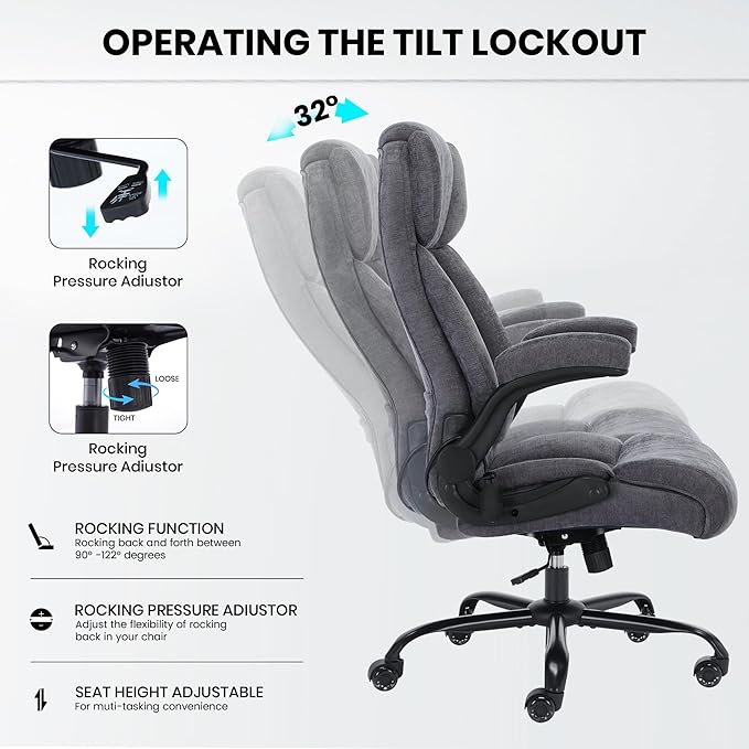 500lbs Big and Tall Office Chair Adjustable Lumbar Support for Back Pain Extra Wide Seat Executive Office Chair Thick Armrest Pad Heavy Duty Base&ampUpgraded Wheels Ergonomic Comfy Computer Desk C