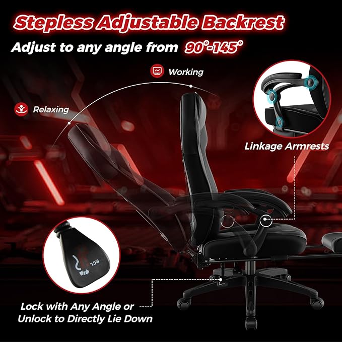 COSTWAY Gaming Chair Ergonomic Adjustable Racing Video Game Chair w/Retractable Footrest Padded Headrest &amp Lumbar Support High Back Reclining Home Office Computer Gamer Chair for Adults (Black)