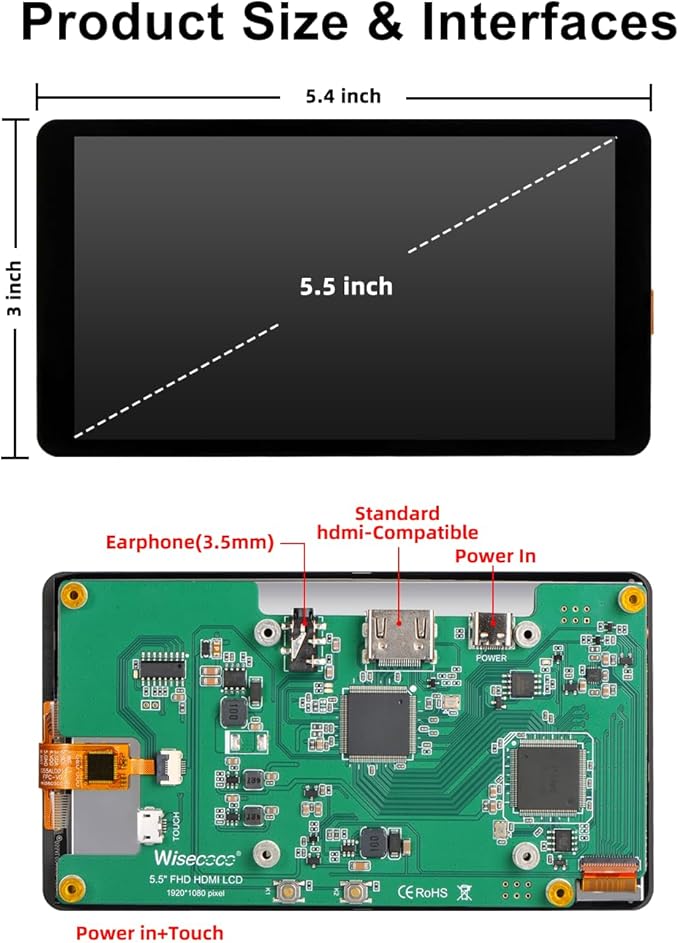 5.5 Inch Touchscreen Monitor for Raspberry Pi LCD Display 1920 * 1080 for Pi RPi 5/4/4B/3B+/3A+ HDMI Support Windows Horizontal Display in Default