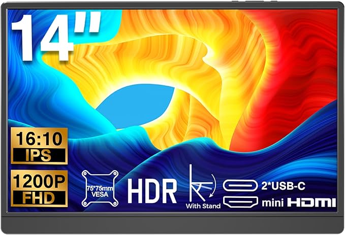 14 Inch Portable Monitor FHD 1920x1200 IPS16:10 Display with Built-in Kickstand USB-C/HDMI Plug and Play Compatible with Laptop PC Mac Mobile PS5 PS4 Xbox Switch