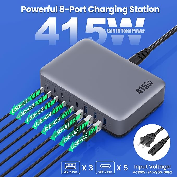 USB C Charger 415W USB C Charger Block 8-Ports GaN IV Fast Charging Station Hub Dual PD 100W Laptop Charger Adapterfor MacBook Pro/Air/iPad/iPhone16/15/14/Apple Watch/DELL/Samsung for Home Office