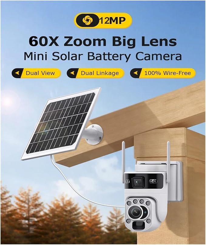 4K 60X Optical Zoom 4G Solar Camera Dual Screen Outdoor WiFi PTZ PIR Detection Human Auto Tracking CCTV Cameras(Black 60X WiFi CAM)