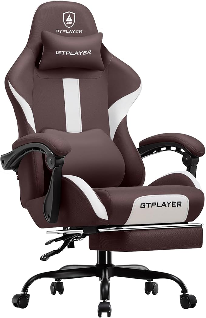 GTPLAYER Gaming Chair with Foot Rest &amp Pocket Spring Cushion Breathable Fabric for Home Office Desk Ergonomic High Back Computer Chair with Headrest &amp Lumbar Support Brown