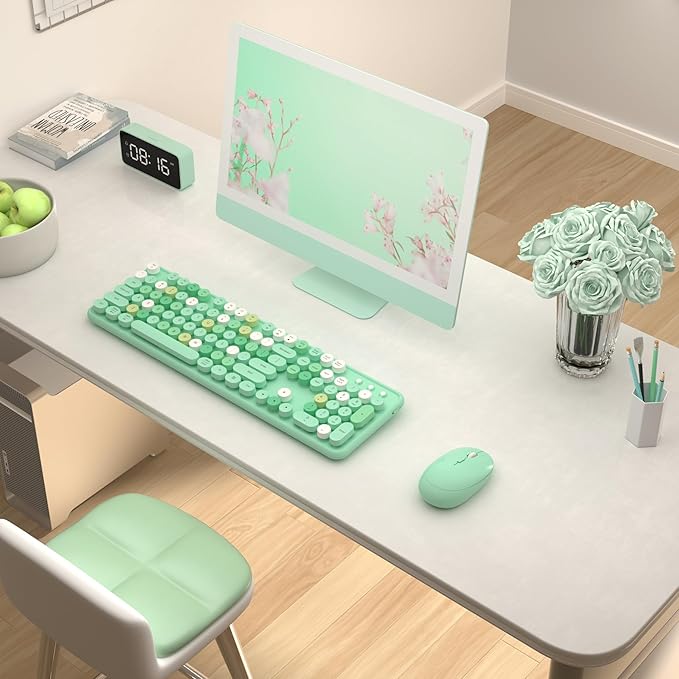 Colorful Wireless Keyboard and Mouse Combo COVEVA 2.4GHz Wireless Retro Cute Round Keycaps Keyboard 104 Keys Full-Sized Keyboard Mouse Set with Switch Button for PC Laptop Desktop (Green Colorful)